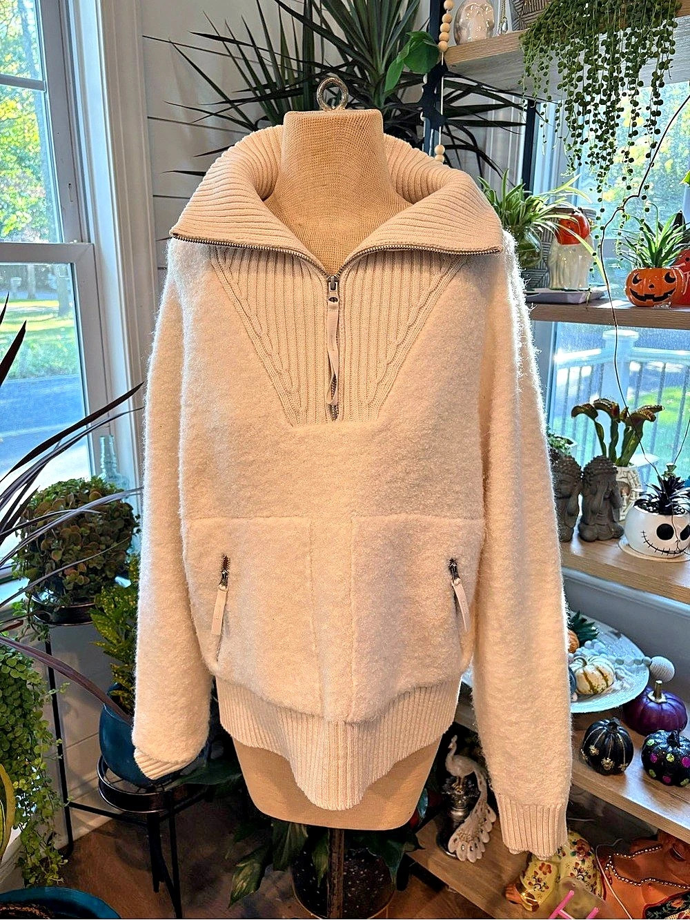 FLX Chunky Quarter Zip Boucle Wool Sweater Cream Large